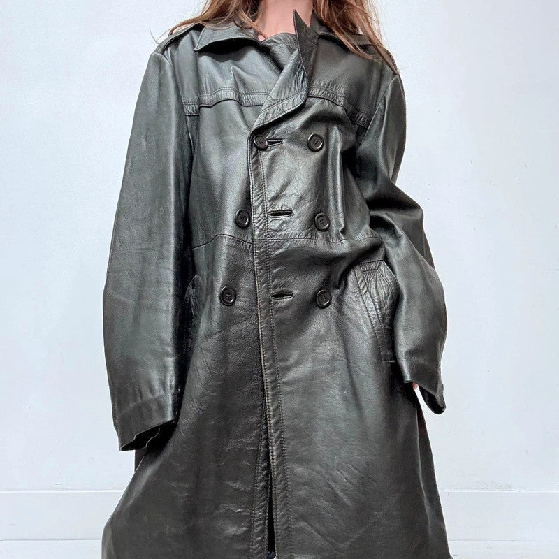oversized black leather grunge trench coat