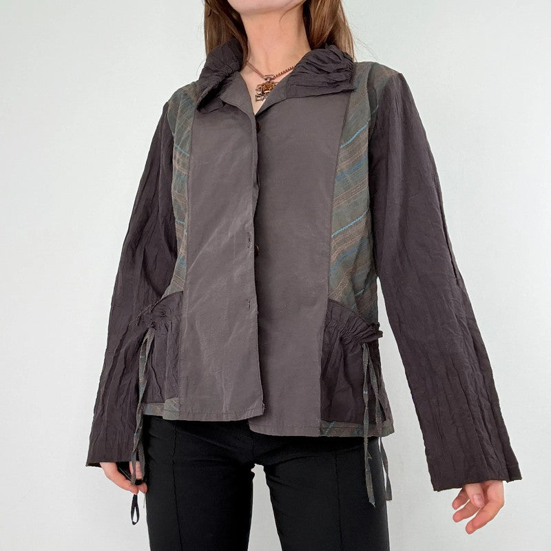 brown pinstripe gathered cinched shirt