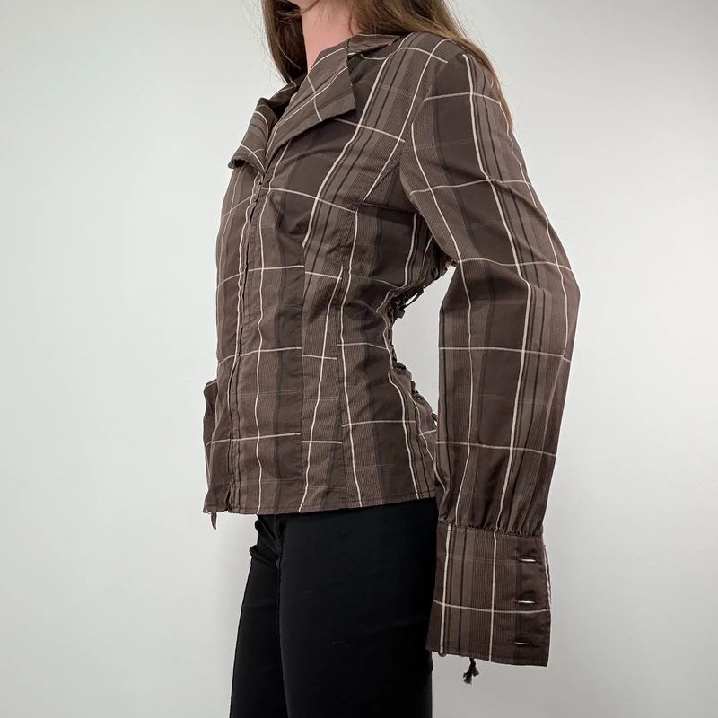 Brown tartan Asymmetric corset Shirt
