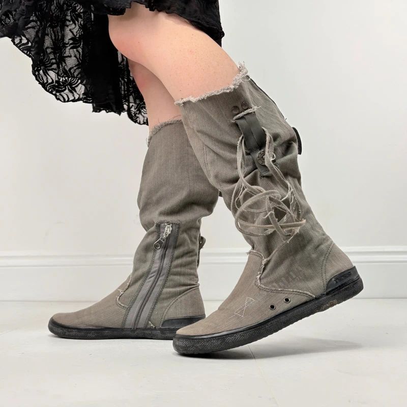grey canvas slouchy trainer boots