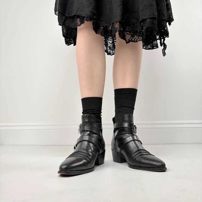 The Kooples black leather buckle western boho boots