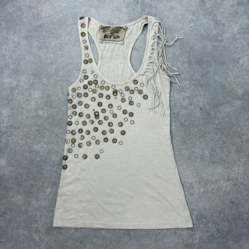 slouchy tan metal studded embelsihed vest top