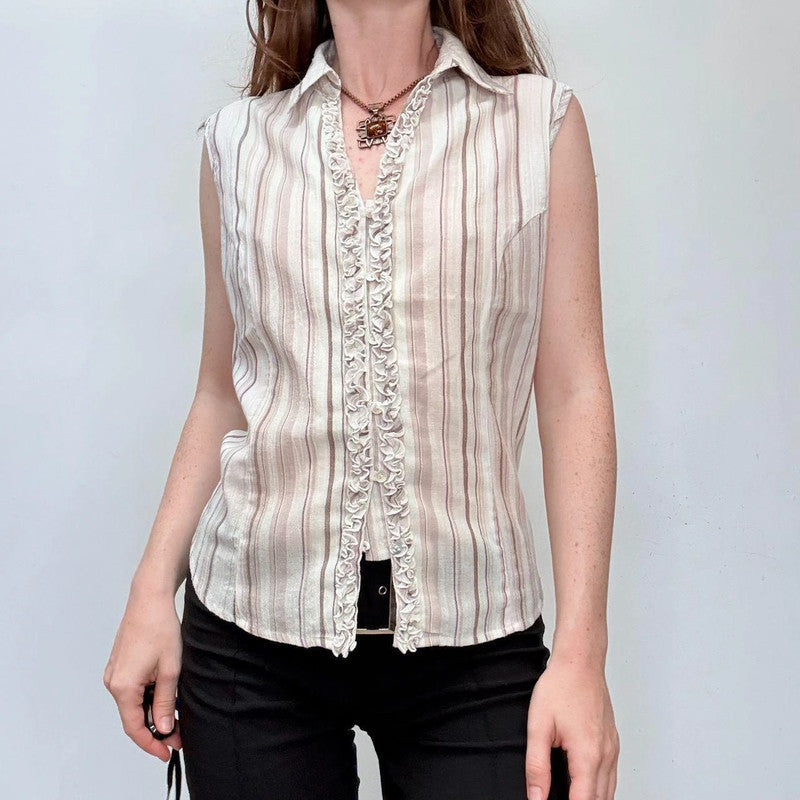 pinstriped sleeveless ruffle shirt blouse