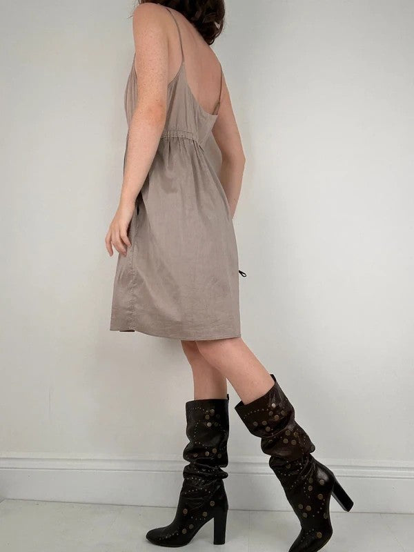 brown cotton pleated flared french midi dress