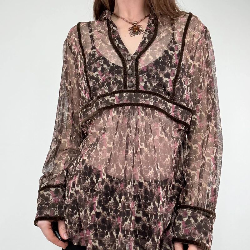 sheer brown and pink printed flared shirt