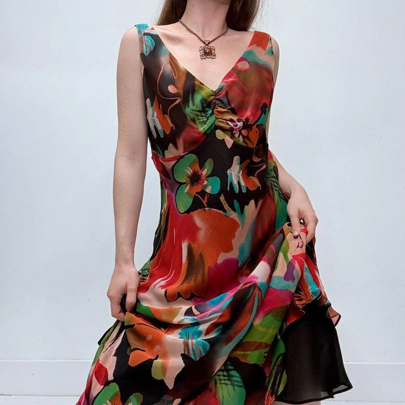 graphic patterned bias cut maxi dress