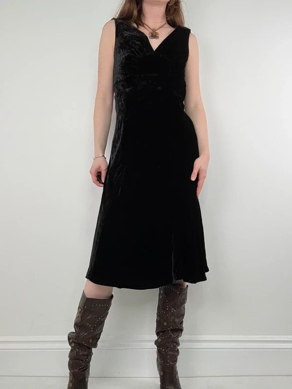 black velvet fitted flared midi dress