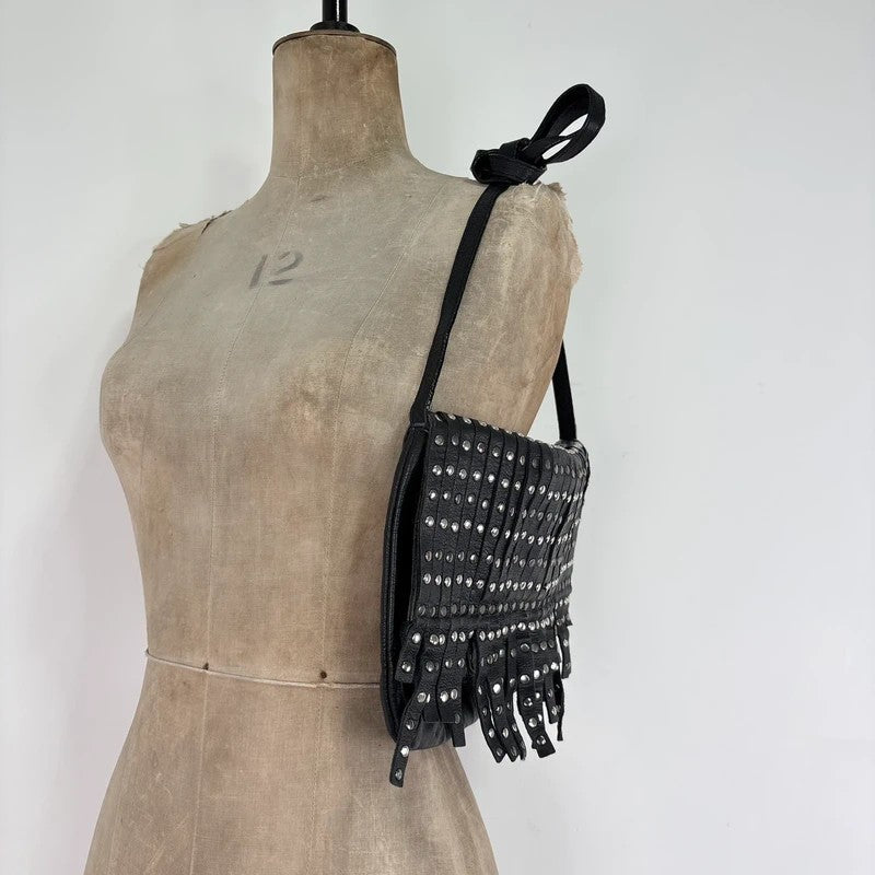 Black leather studded tassel crossbody bag