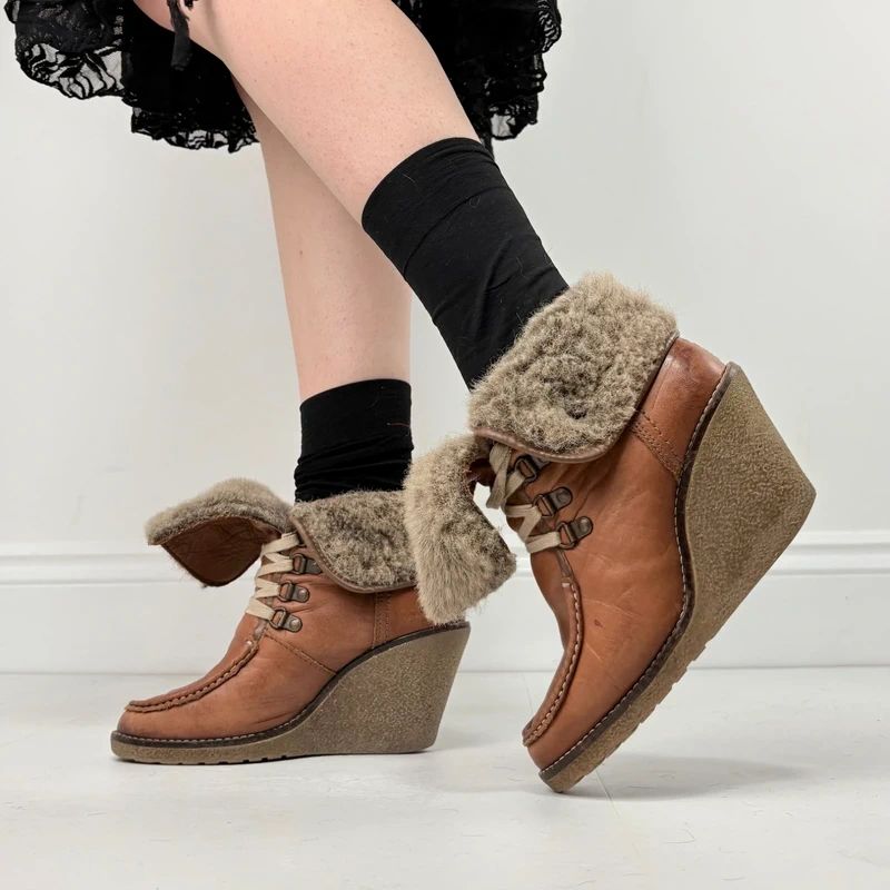 tan sheepskin leather wedge boots