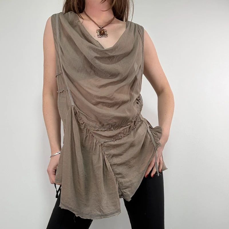 khaki brown draped slouchy asymmetric vest