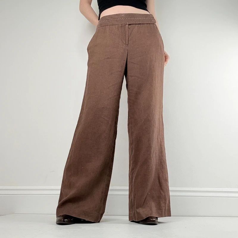 wide leg brown linen trousers