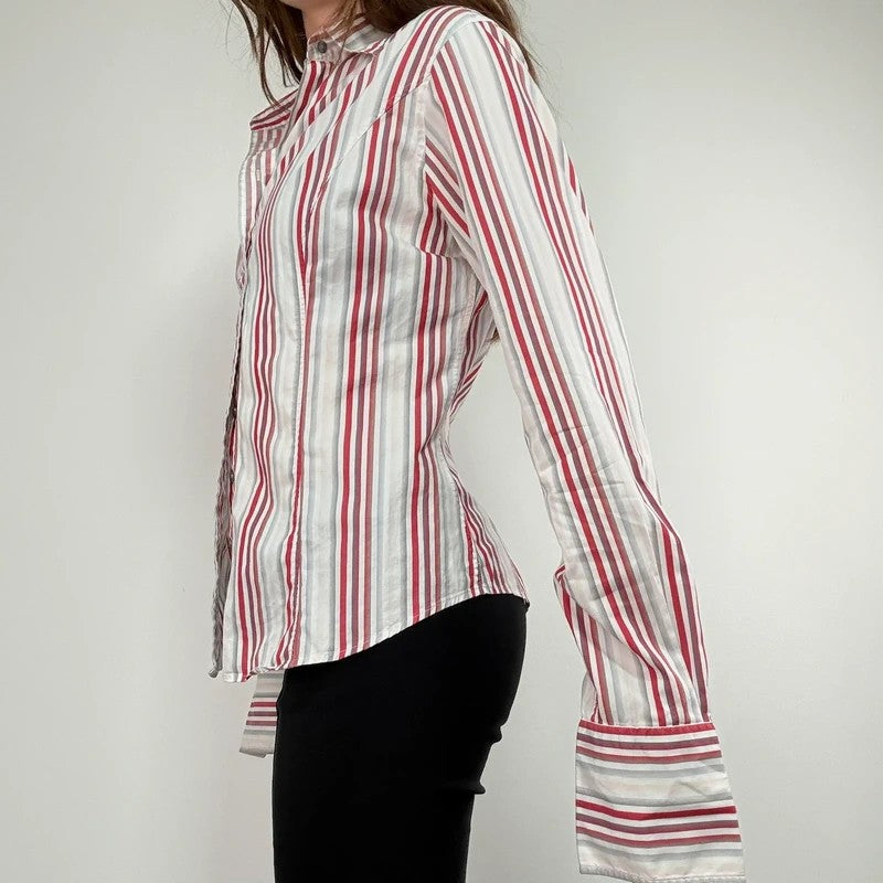 pinstripe preppy fitted flared white and red shirt