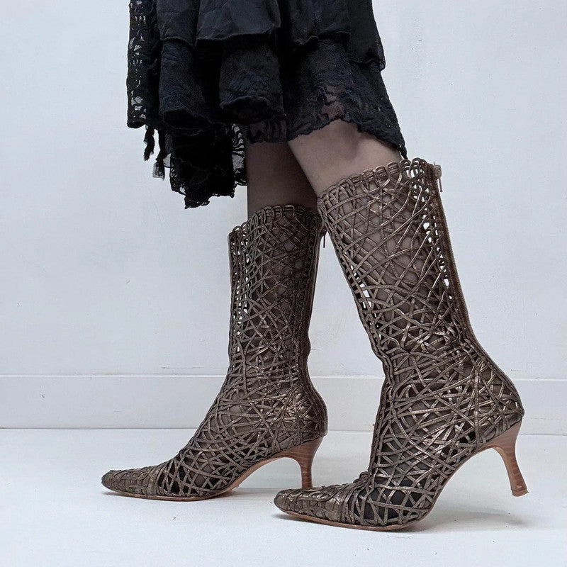 woven sheer lace leather heel boots