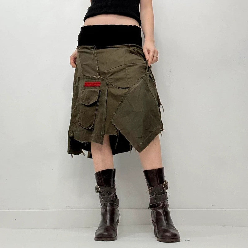 khaki fold over waistband midi skirt