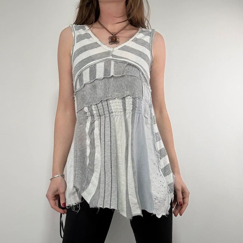grey striped patchwork asymmetric vest