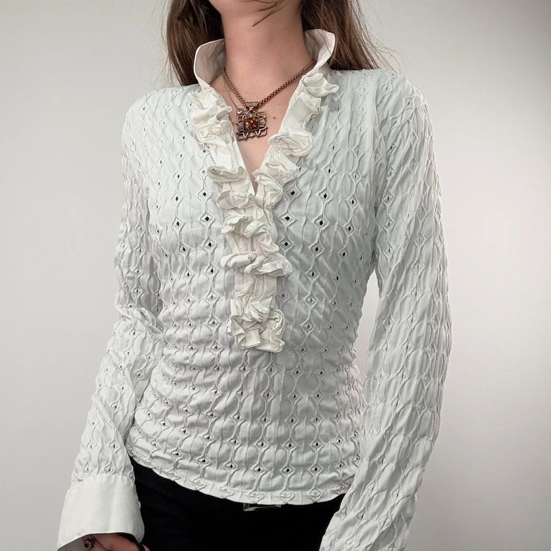 textured white fitted ruffle shirt
