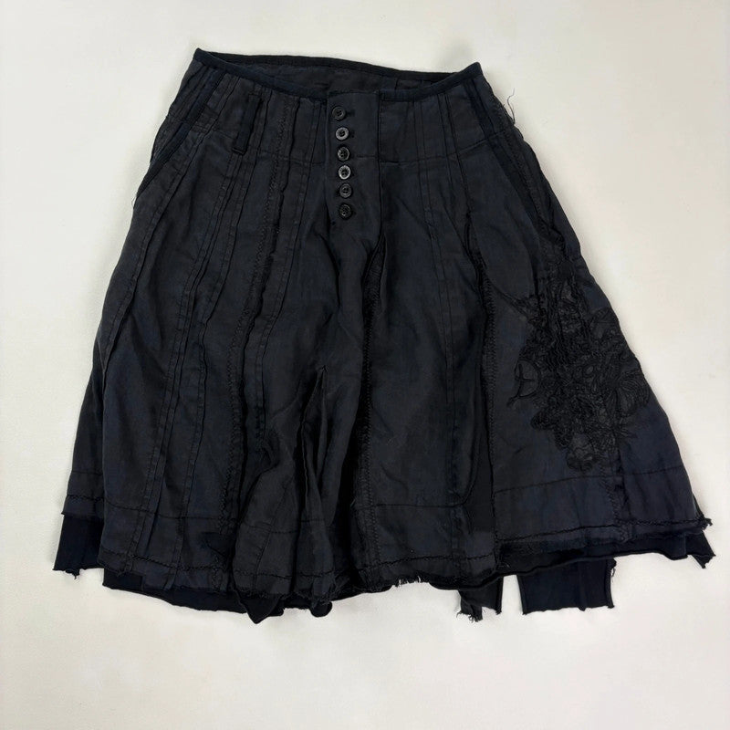 distressed black linen asymmetric flared midi skirt