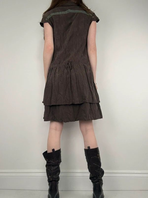 brown crinkle layered shirt dress