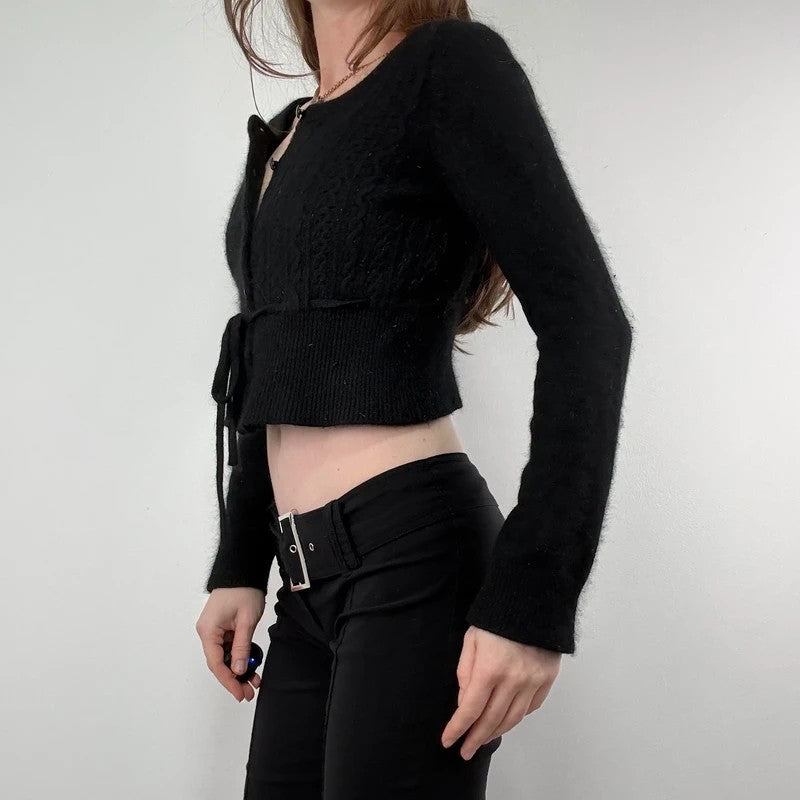 black cropped preppy angora wool cardigan