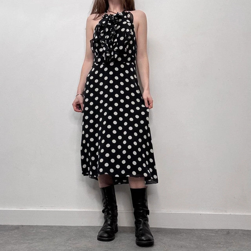silk polka dot ruffle black and white dress