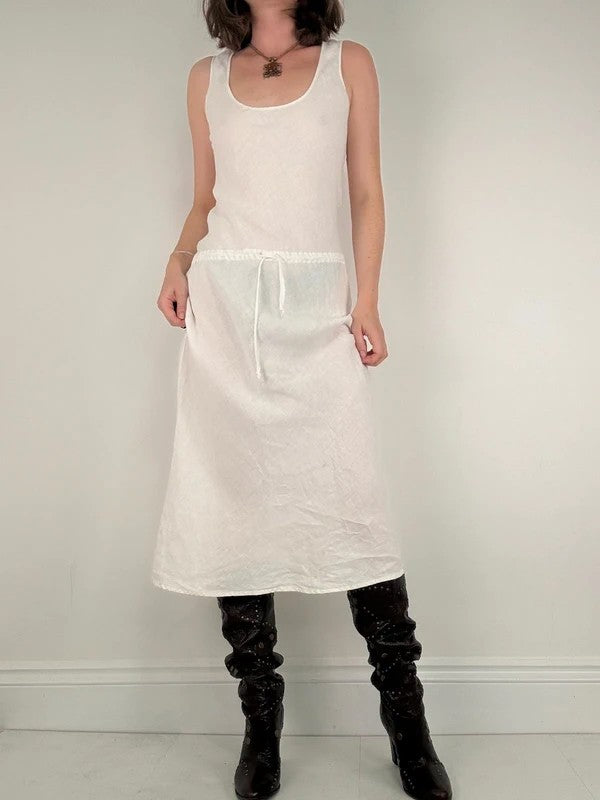 white linen bias cut drop waist maxi dress