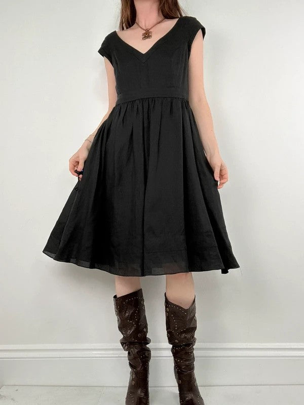 black pleated drop waist linen midi dress