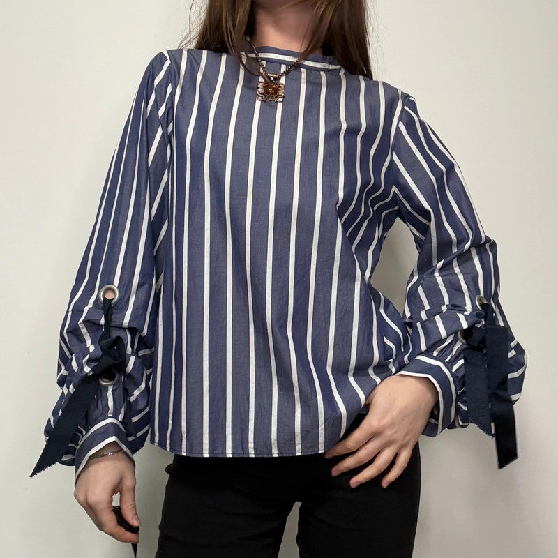 Navy striped balloon puff sleeve shirt