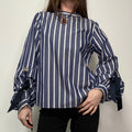 Navy striped balloon puff sleeve shirt