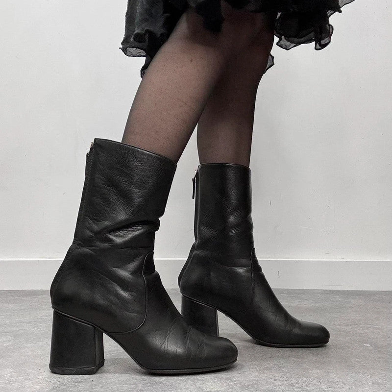 black leather square heel boots