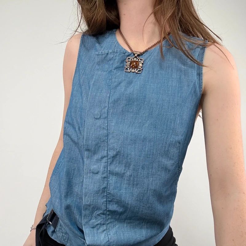 distressed denim asymmetric belted vest