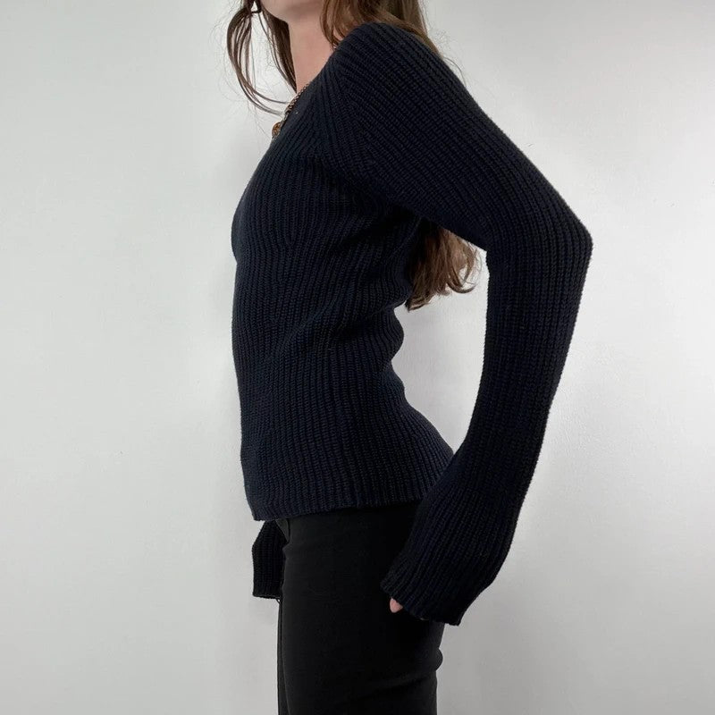 chunky navy knitted slash neck fisherman rib jumper