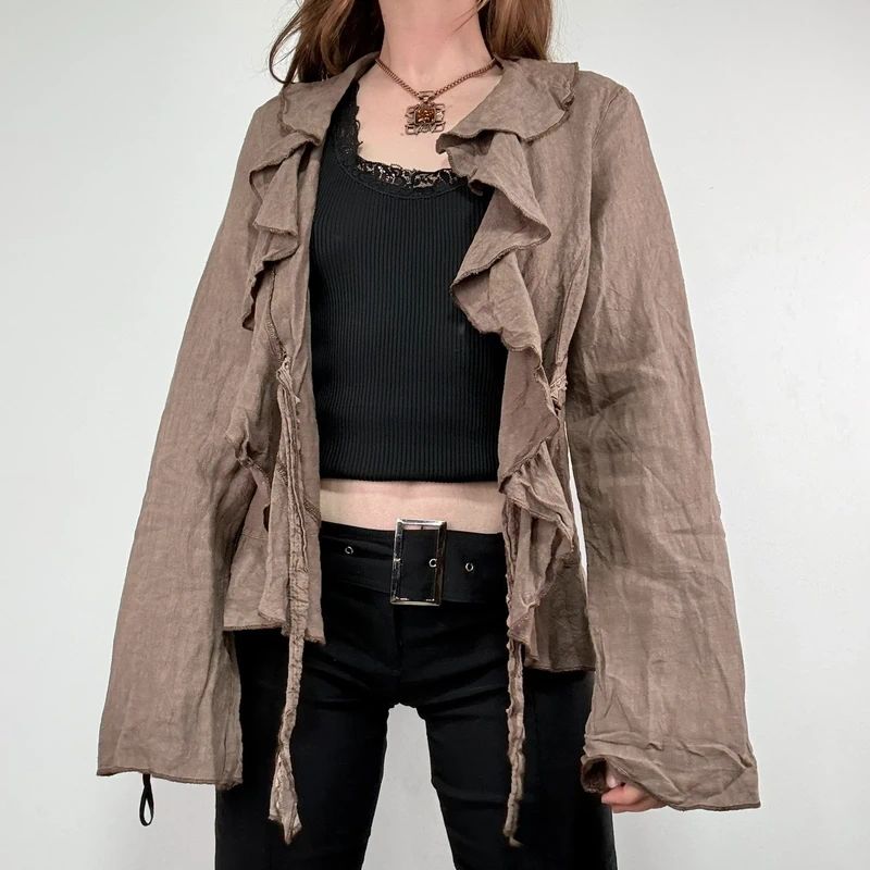 brown linen flared fitted ruffle shirt