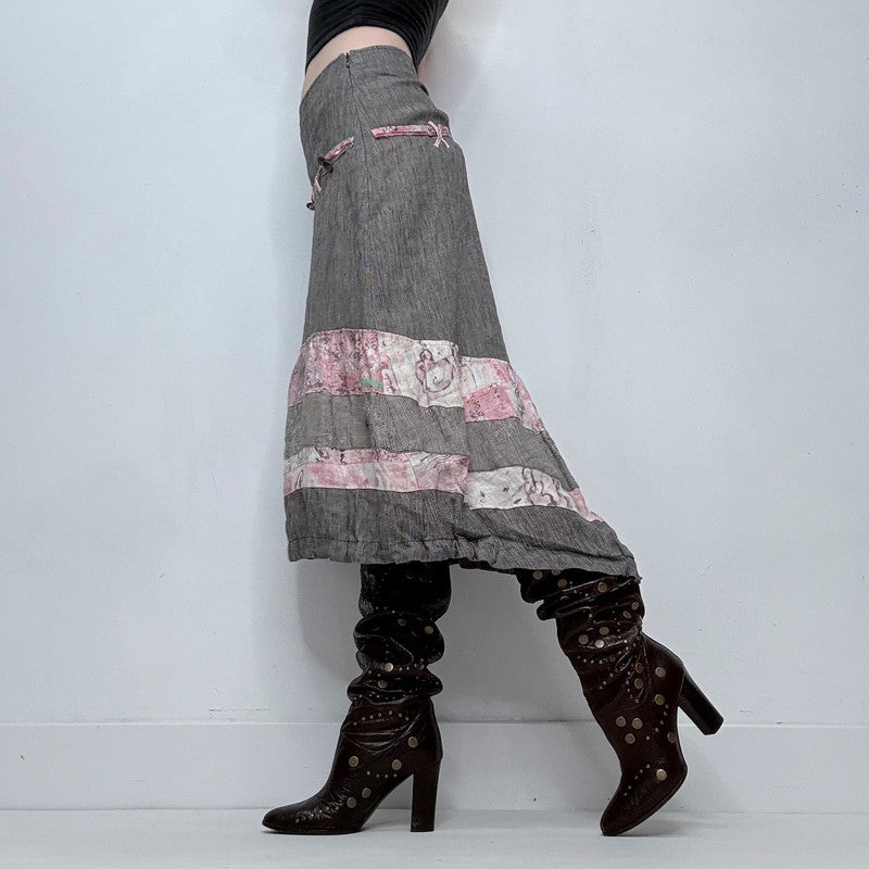 grey linen asymmetric tiered midi skirt