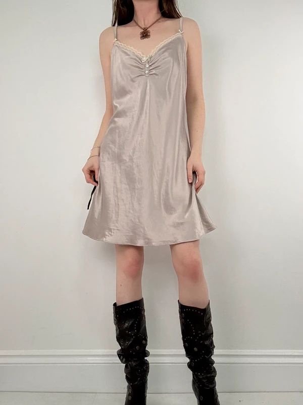 lace satin flared mini dress