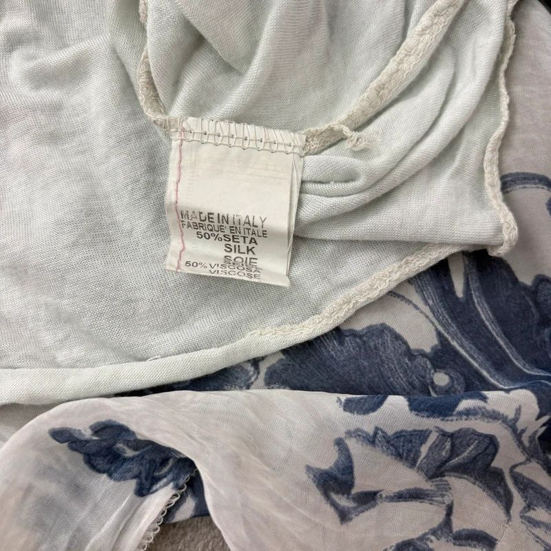 white and blue silk draped regency printed batwing blouse