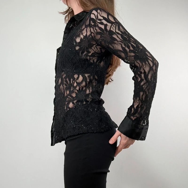 Sheer black Lace Flared Shirt