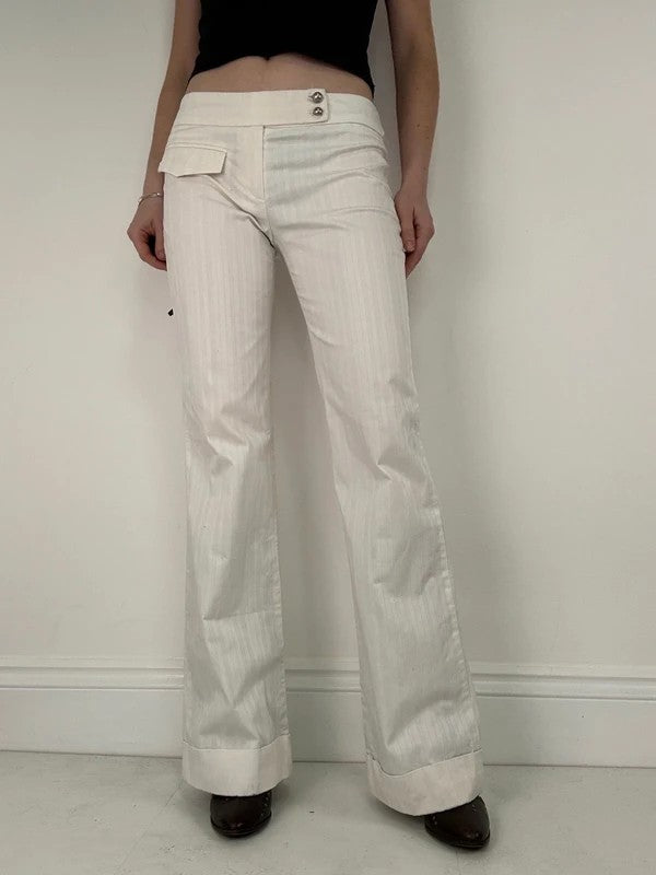Lot rise white cotton pinstripe flared trousers