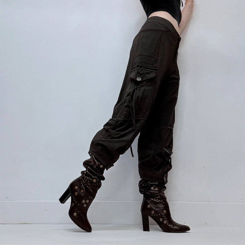 gathered pleated brown low rise grunge utility trousers