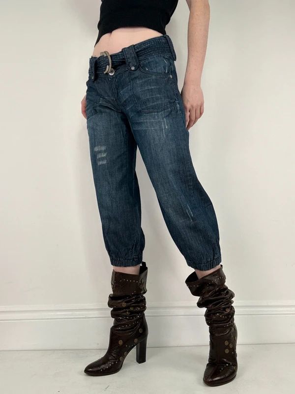 cropped denim puff capri pants