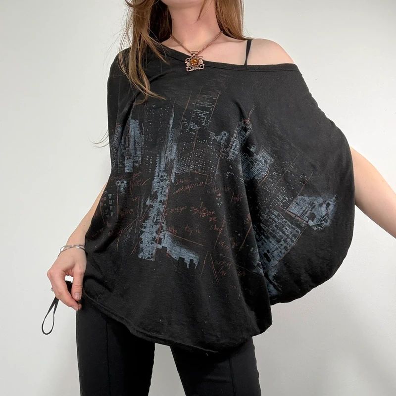 black graphic slouchy off the shoulder t-shirt