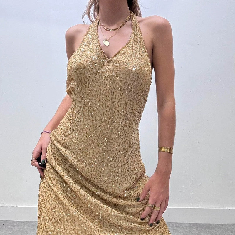 gold beaded silk halter neck midi dress