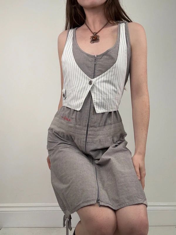 Grey pinstriped layered waistcoat dress