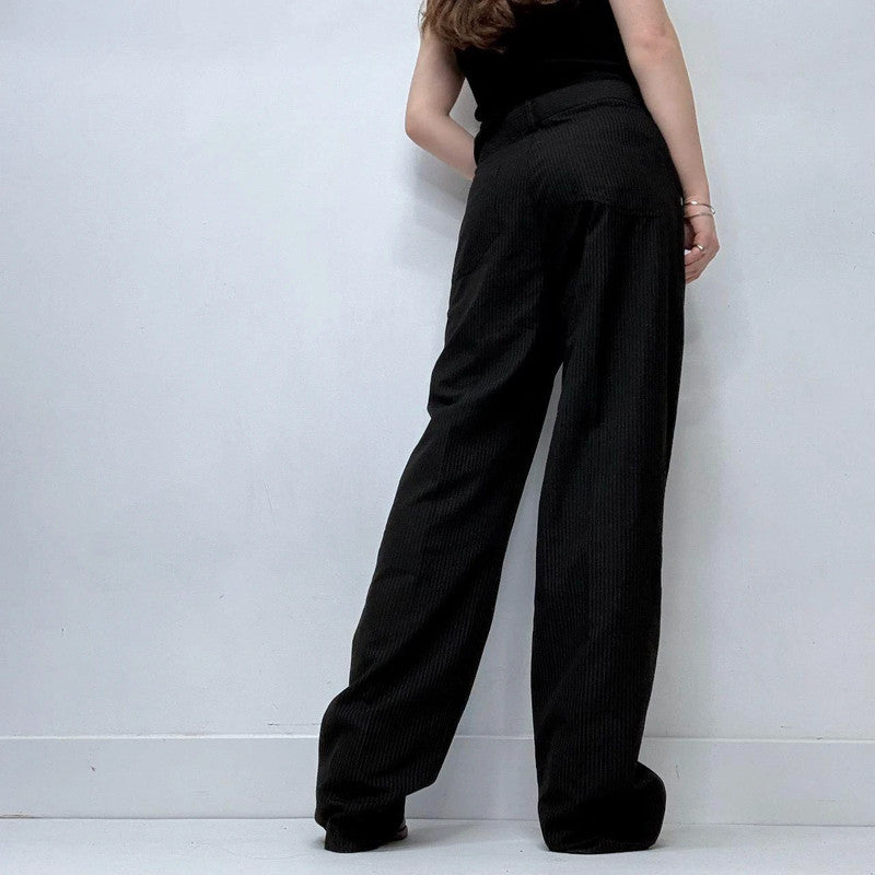 black pinstriped flared trousers