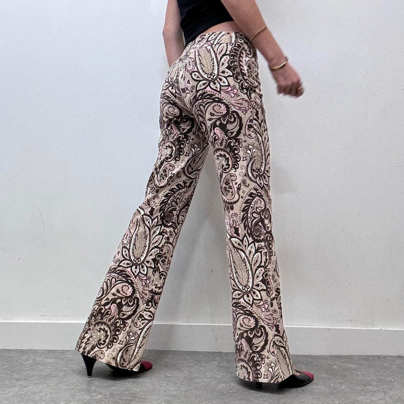 brown paisley patterned flared cord trousers