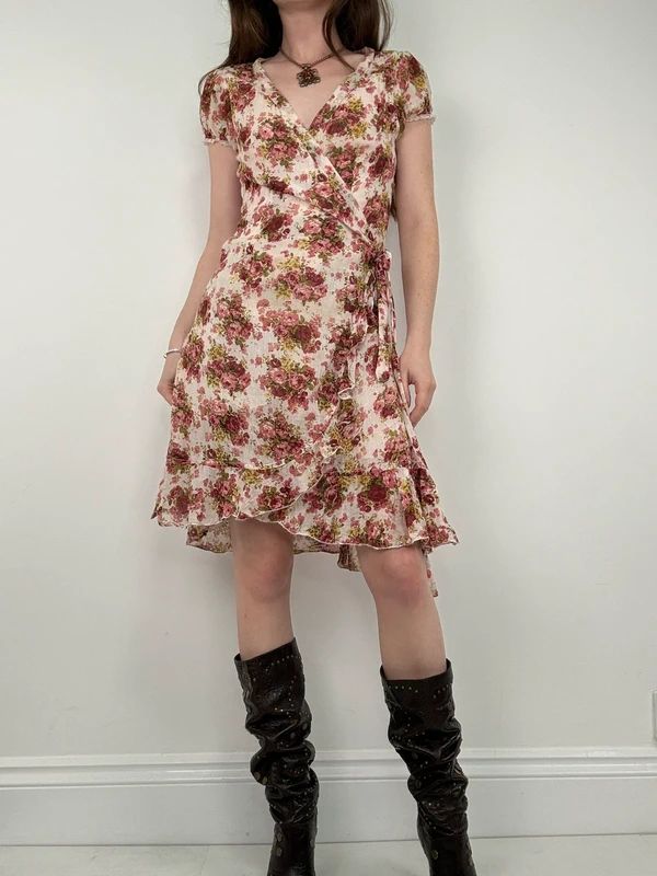 floral rose ruffle wrap around mini summer tea dress