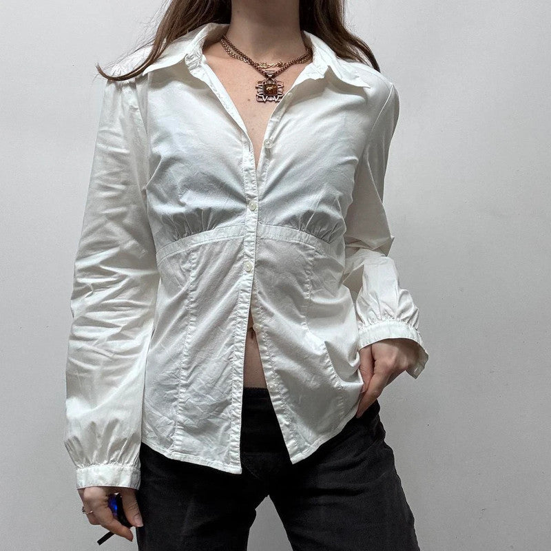 white puff sleeve button up shirt