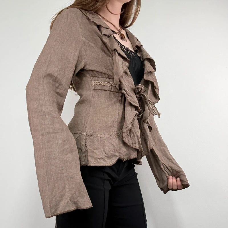 brown linen flared fitted ruffle shirt