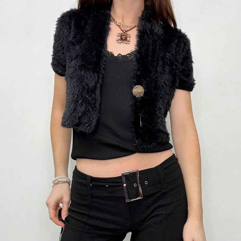 cropped black faux fur cardigan