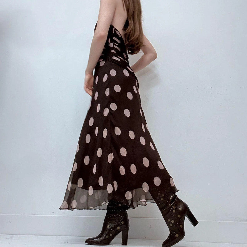 brown silk polkadot halter dress