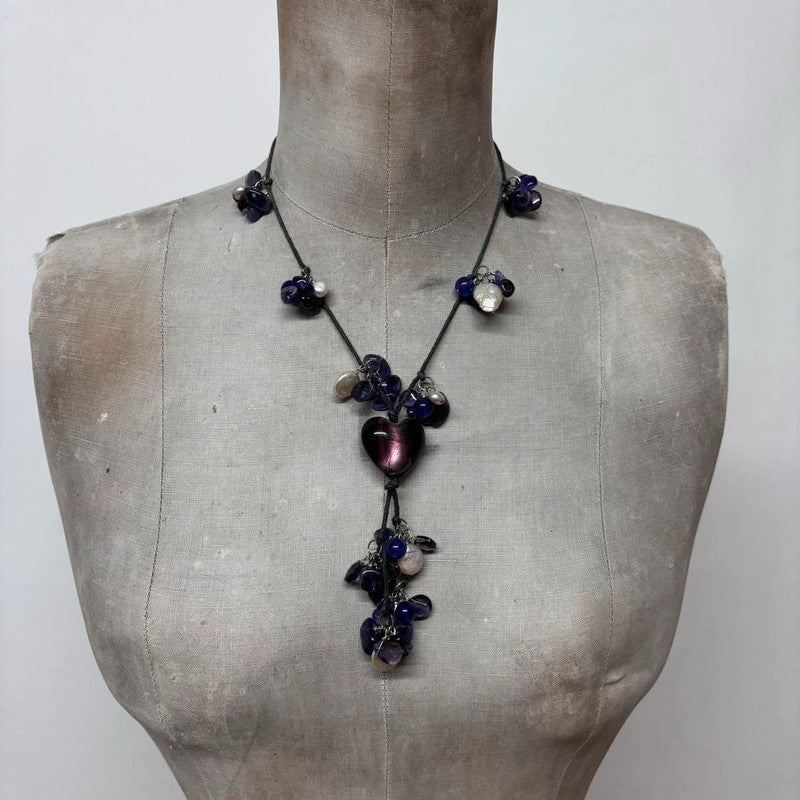 layered amethyst pearl charm necklace